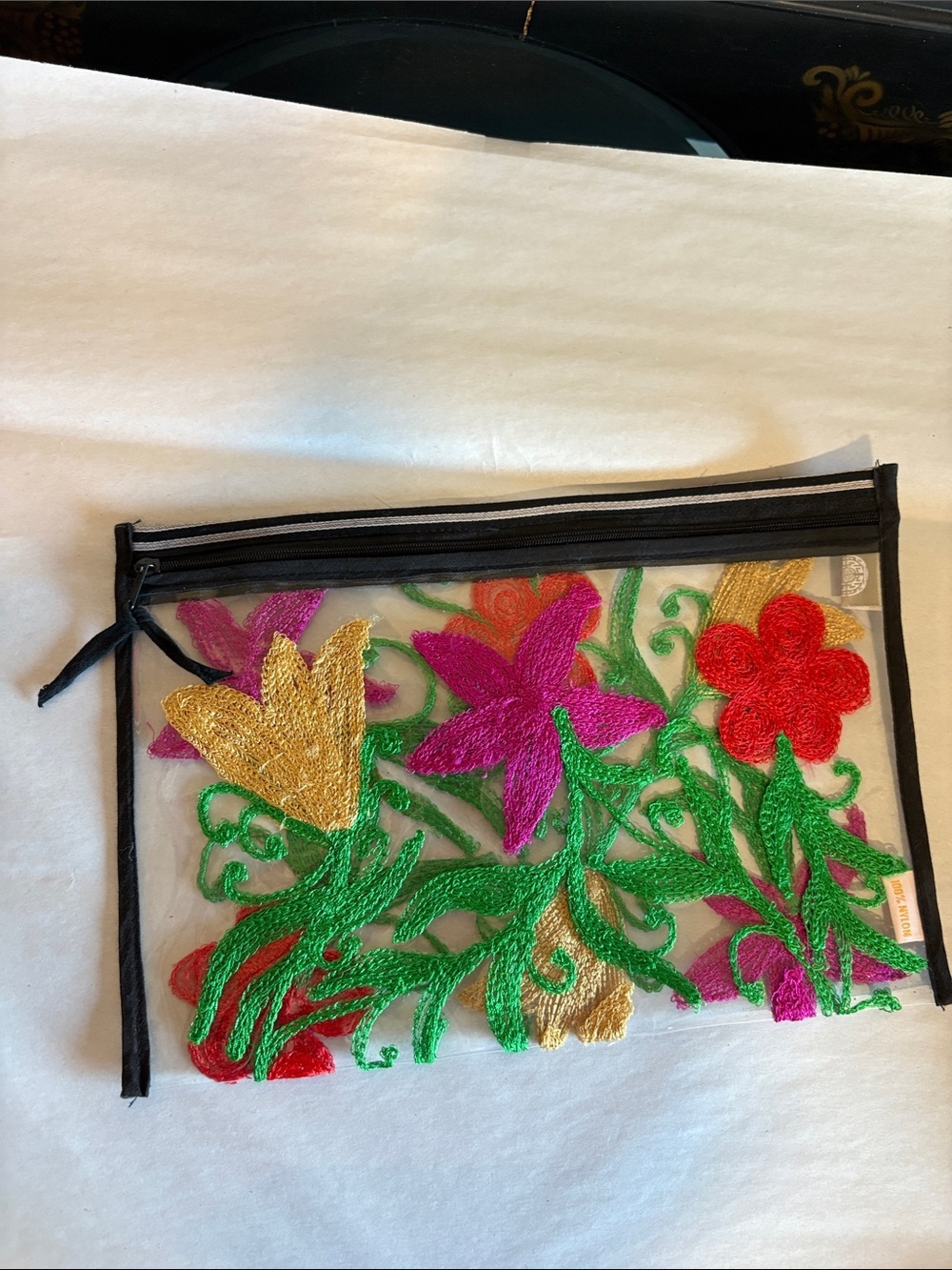 Floral Embroidered Transparent Clutch/Wet bikini bag w/ top zip closure